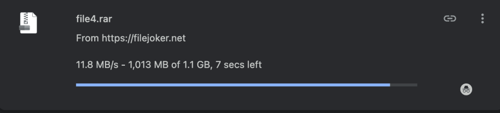 Chrome download manager showing file4.rar from filejoker.net downloading at 11.8 MB/s with 7 seconds remaining