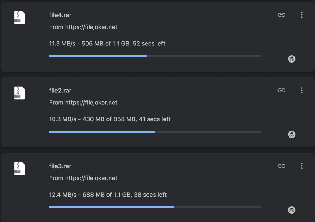 Three simultaneous FileJoker premium downloads running in Chrome, each between 10 and 12 MB/s