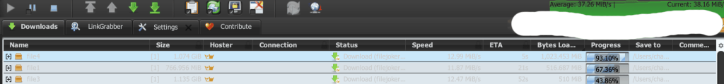 JDownloader interface showing three parallel FileJoker downloads with an average speed of 37.26 MiB/s
